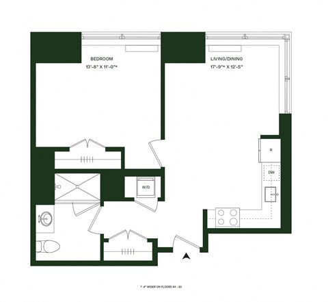 Floor plan for 1 bed, 1 bath, 661 sqft