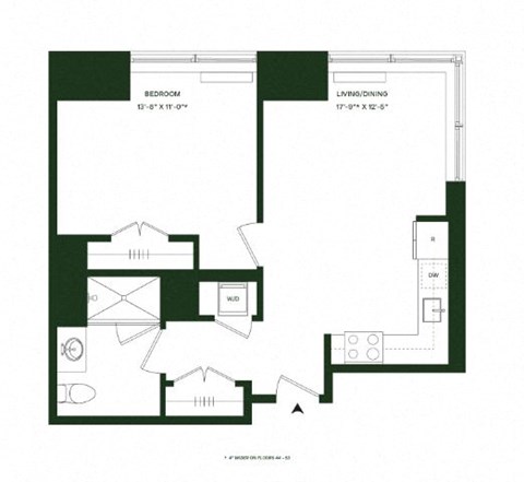 Floor plan for 1 bed, 1 bath, 661 sqft