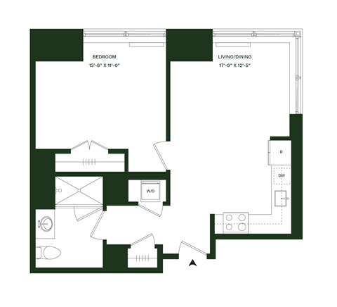 Floor plan for 1 bed, 1 bath, 660 sqft