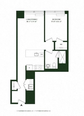 Floor plan for 1 bed, 1 bath, 719 sqft