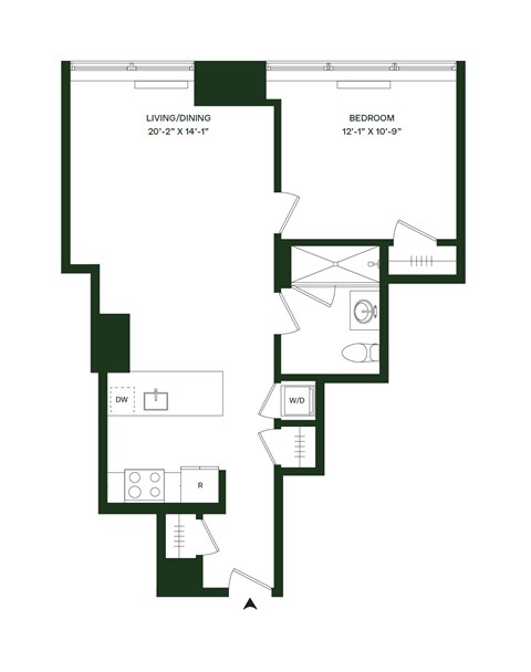 Floor plan for 1 bed, 1 bath, 763 sqft