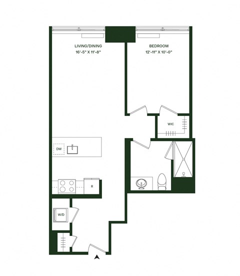 Floor plan for 1 bed, 1 bath, 722 sqft