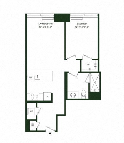 Floor plan for 1 bed, 1 bath, 722 sqft