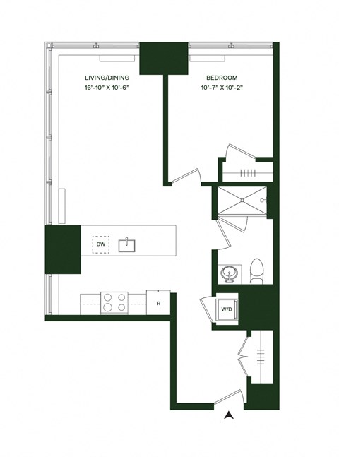 Floor plan for 1 bed, 1 bath, 733 sqft
