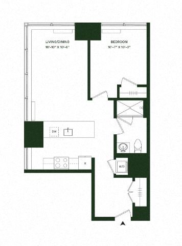Floor plan for 1 bed, 1 bath, 733 sqft