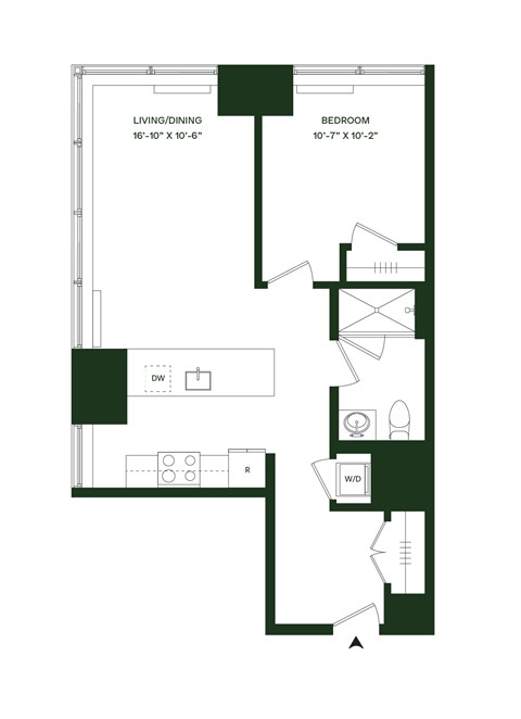 Floor plan for 1 bed, 1 bath, 727 sqft