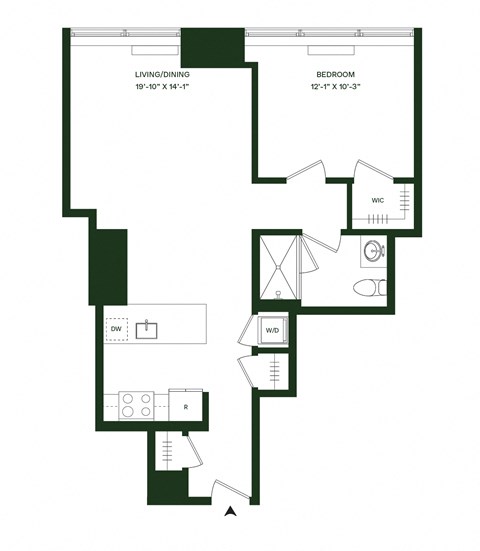 Floor plan for 1 bed, 1 bath, 733 sqft