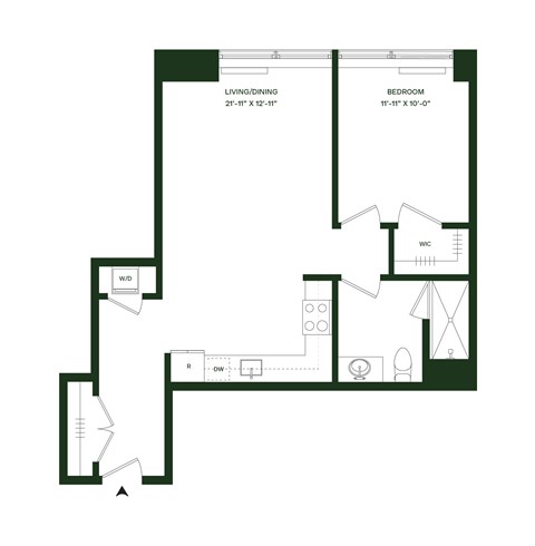 Floor plan for 1 bed, 1 bath, 758 sqft