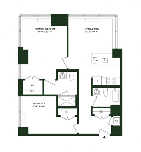 Floor plan for 2 beds, 2 baths, 1096 sqft