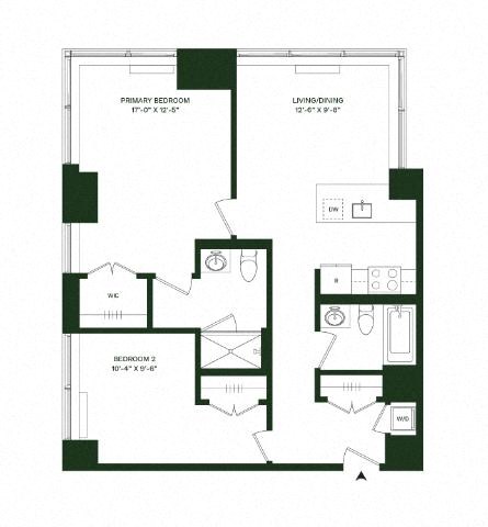Floor plan for 2 beds, 2 baths, 1096 sqft