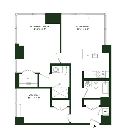 Floor plan for 2 beds, 2 baths, 989 sqft
