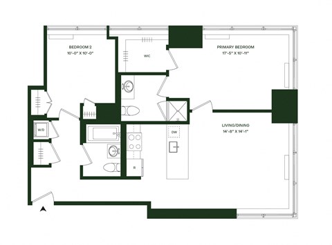 Floor plan for 2 beds, 2 baths, 1032 sqft