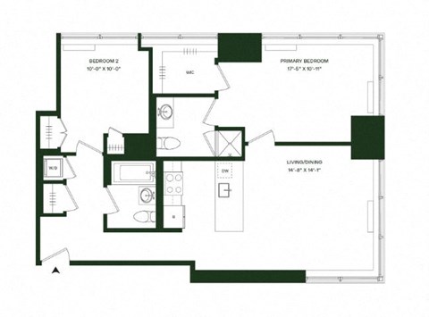 Floor plan for 2 beds, 2 baths, 1032 sqft