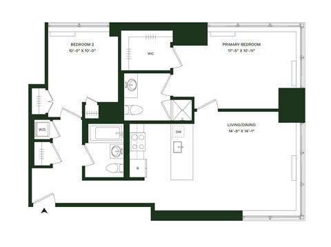Floor plan for 2 beds, 2 baths, 1034 sqft
