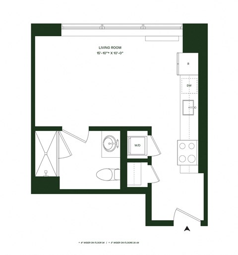 Floor plan for studio, 1 bath, 410 sqft