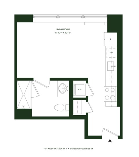 Floor plan for studio, 1 bath, 410 sqft