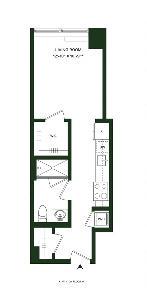 Floor plan for studio, 1 bath, 434 sqft