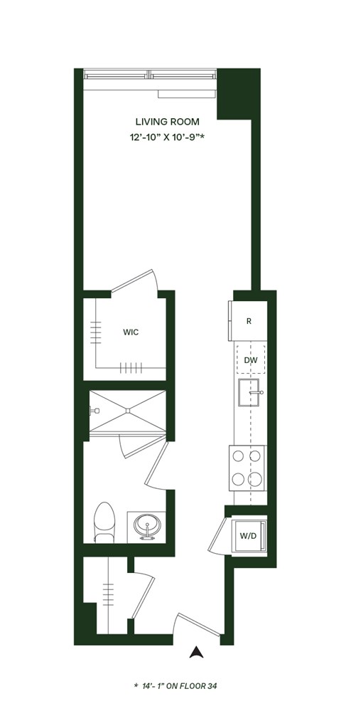 Floor plan for studio, 1 bath, 482 sqft