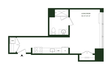 Floor plan for studio, 1 bath, 481 sqft