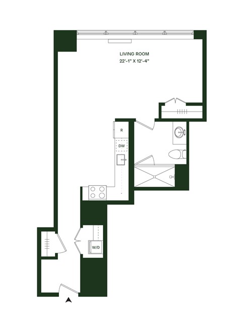 Floor plan for 1 bed, 1 bath, 736 sqft