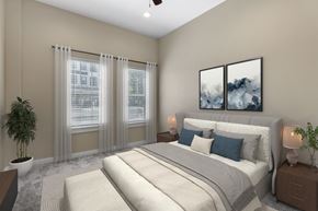 Bossier City apartment for rent - a bedroom with a bed and two windows at Villaggio Apartments, Bossier City, 71111