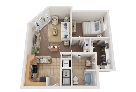 Floor plan for 1 bed, 1 bath, 917 sqft
