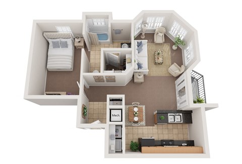 Floor plan for 1 bed, 1 bath, 975 sqft