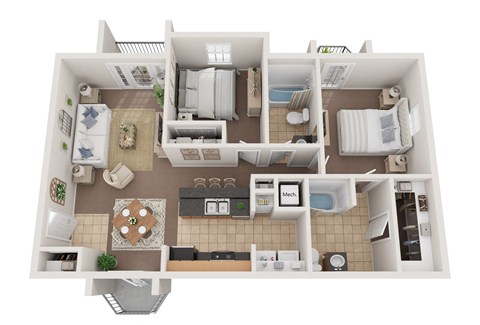 Floor plan for 2 beds, 2 baths, 1023 sqft