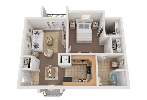 Floor plan for 1 bed, 1 bath, 743 sqft