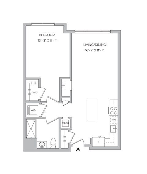 Floor plan for 1 bed, 1 bath, 739 sqft