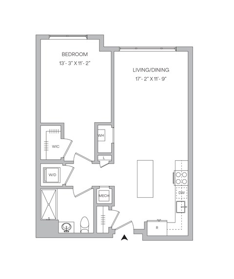 Floor plan for 1 bed, 1 bath, 751 sqft