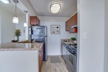 A kitchen with a refrigerator, stove, and sink.