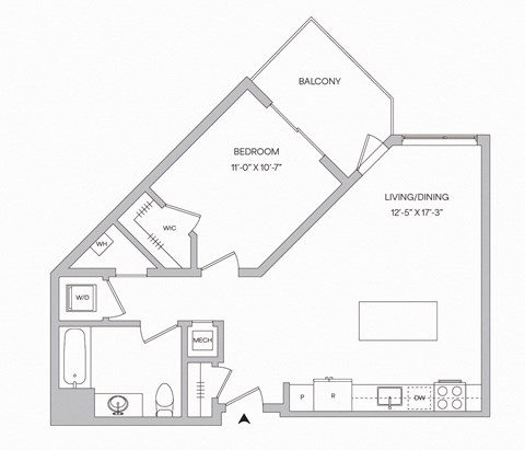 Floor plan for 1 bed, 1 bath, 714 sqft