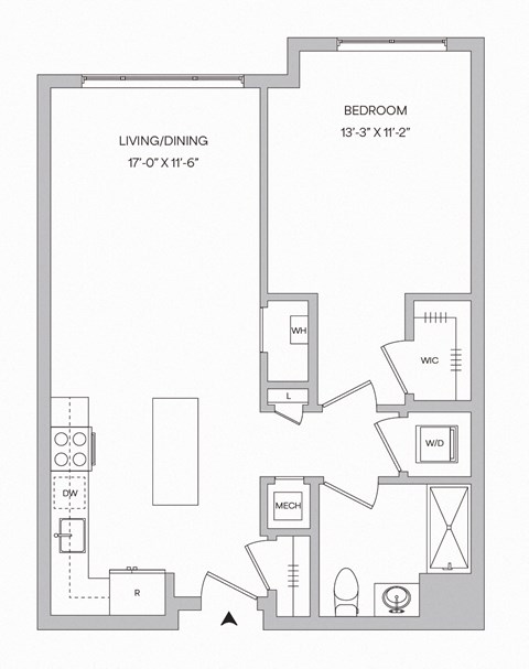 Floor plan for 1 bed, 1 bath, 723 sqft