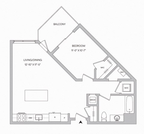 Floor plan for 1 bed, 1 bath, 724 sqft