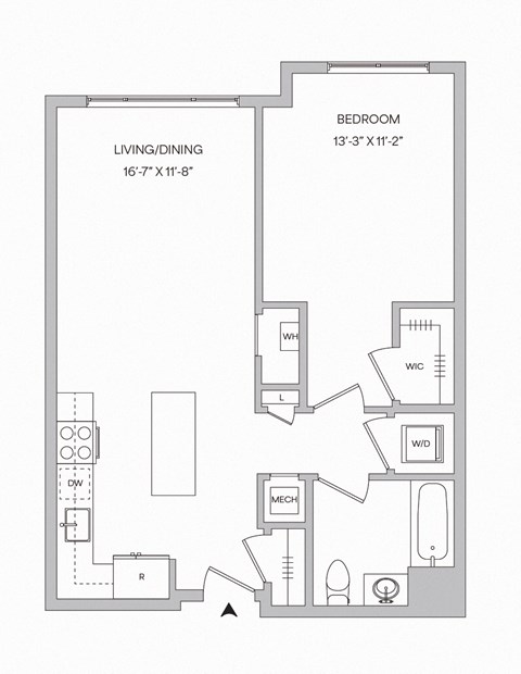 Floor plan for 1 bed, 1 bath, 725 sqft
