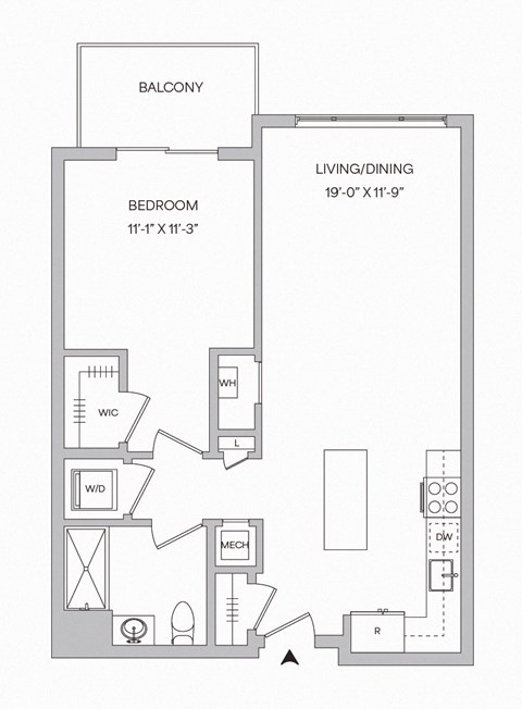 Floor plan for 1 bed, 1 bath, 753 sqft