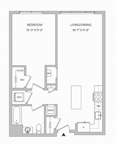 Floor plan for 1 bed, 1 bath, 777 sqft