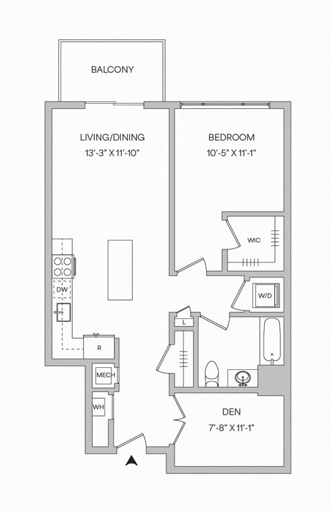 Floor plan for 1 bed, 1 bath, 848 sqft