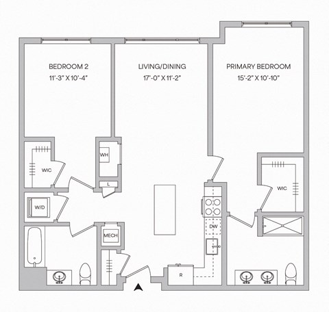 Floor plan for 2 beds, 2 baths, 1030 sqft