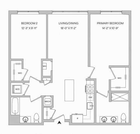 Floor plan for 2 beds, 2 baths, 1043 sqft