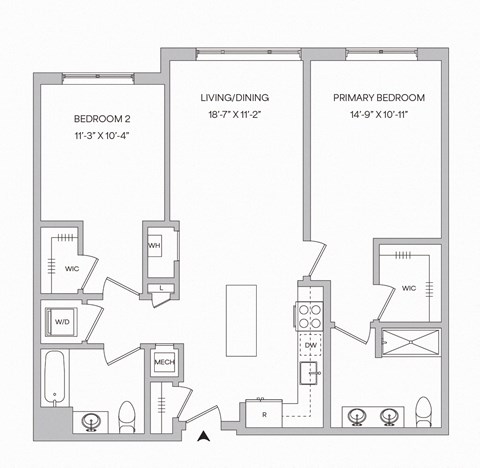 Floor plan for 2 beds, 2 baths, 1073 sqft