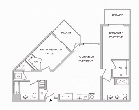 Floor plan for 2 beds, 2 baths, 1080 sqft