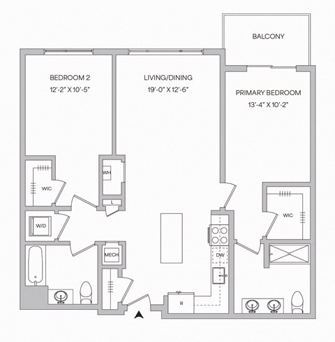 Floor plan for 2 beds, 2 baths, 1095 sqft