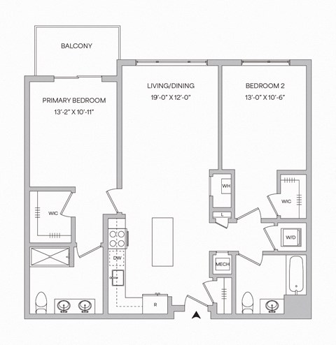 Floor plan for 2 beds, 2 baths, 1109 sqft