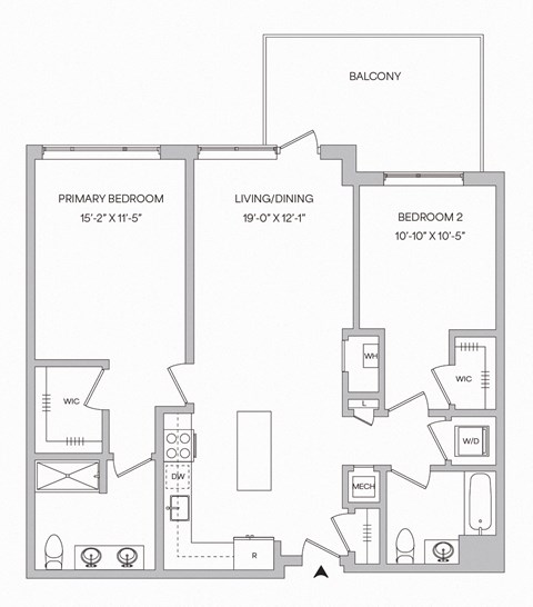 Floor plan for 2 beds, 2 baths, 1121 sqft