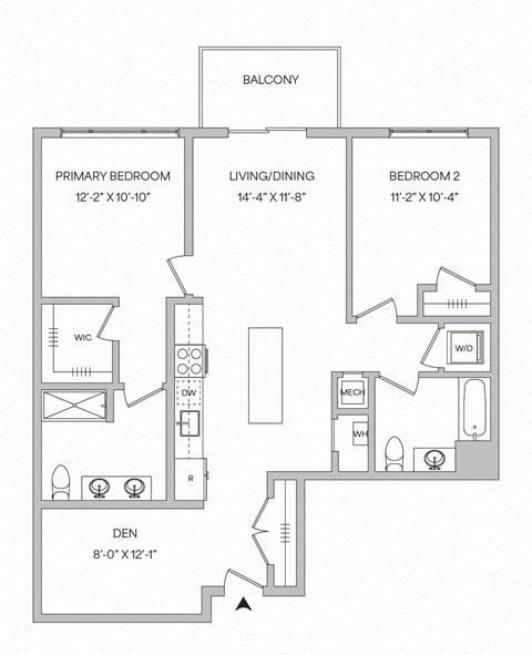 Floor plan for 2 beds, 2 baths, 1123 sqft