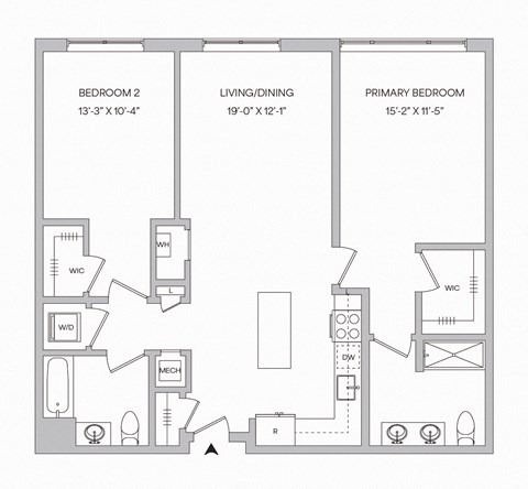 Floor plan for 2 beds, 2 baths, 1124 sqft