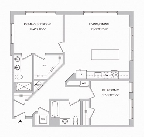 Floor plan for 2 beds, 2 baths, 1157 sqft