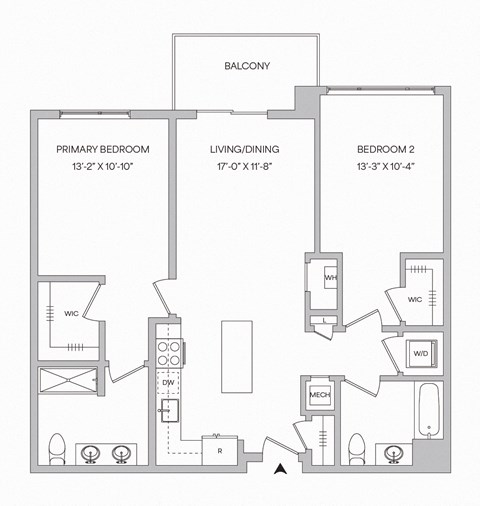 Floor plan for 2 beds, 2 baths, 1071 sqft